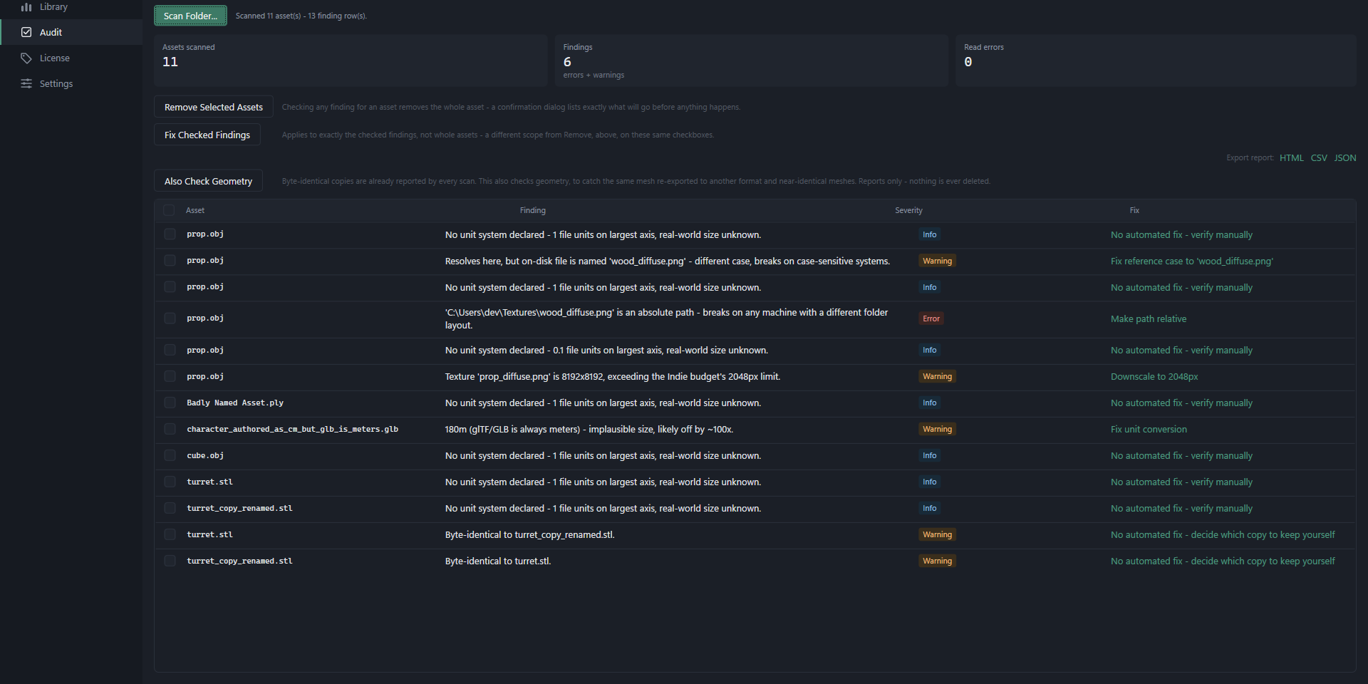The Provenant audit table listing findings across a scanned folder, each row showing a severity and a suggested fix