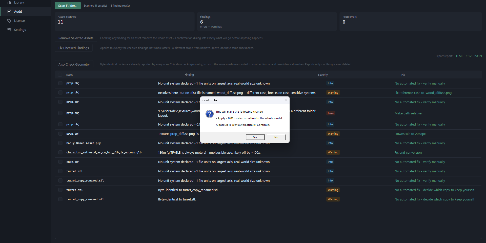 A confirmation dialog listing exactly which files a fix will change before it is applied