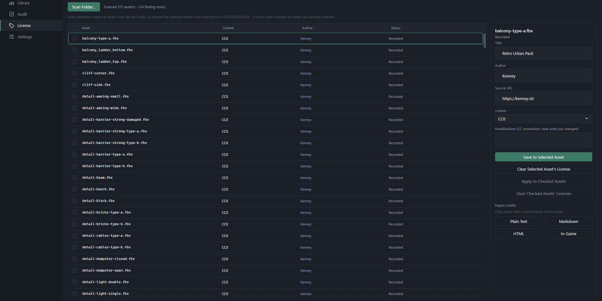 Licence records filled in for a pack of assets, showing licence, author and source