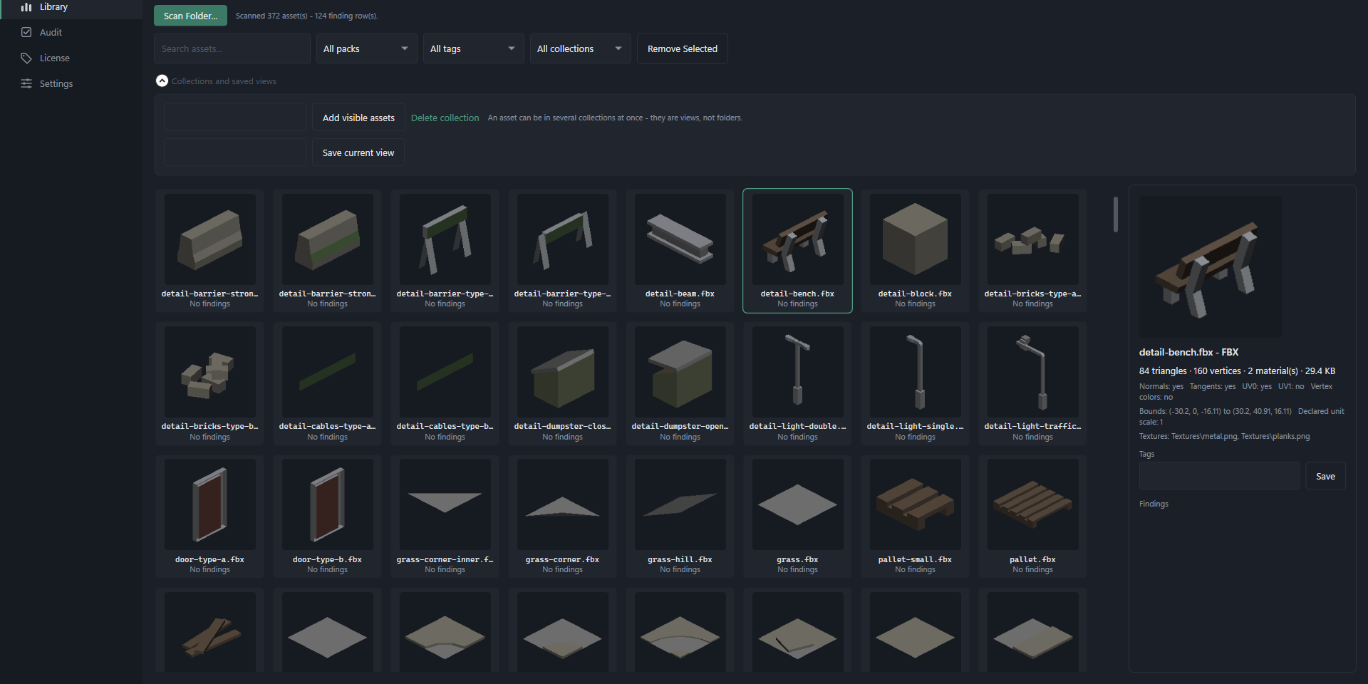 The Provenant library grid showing asset thumbnails with search, tag and collection filters