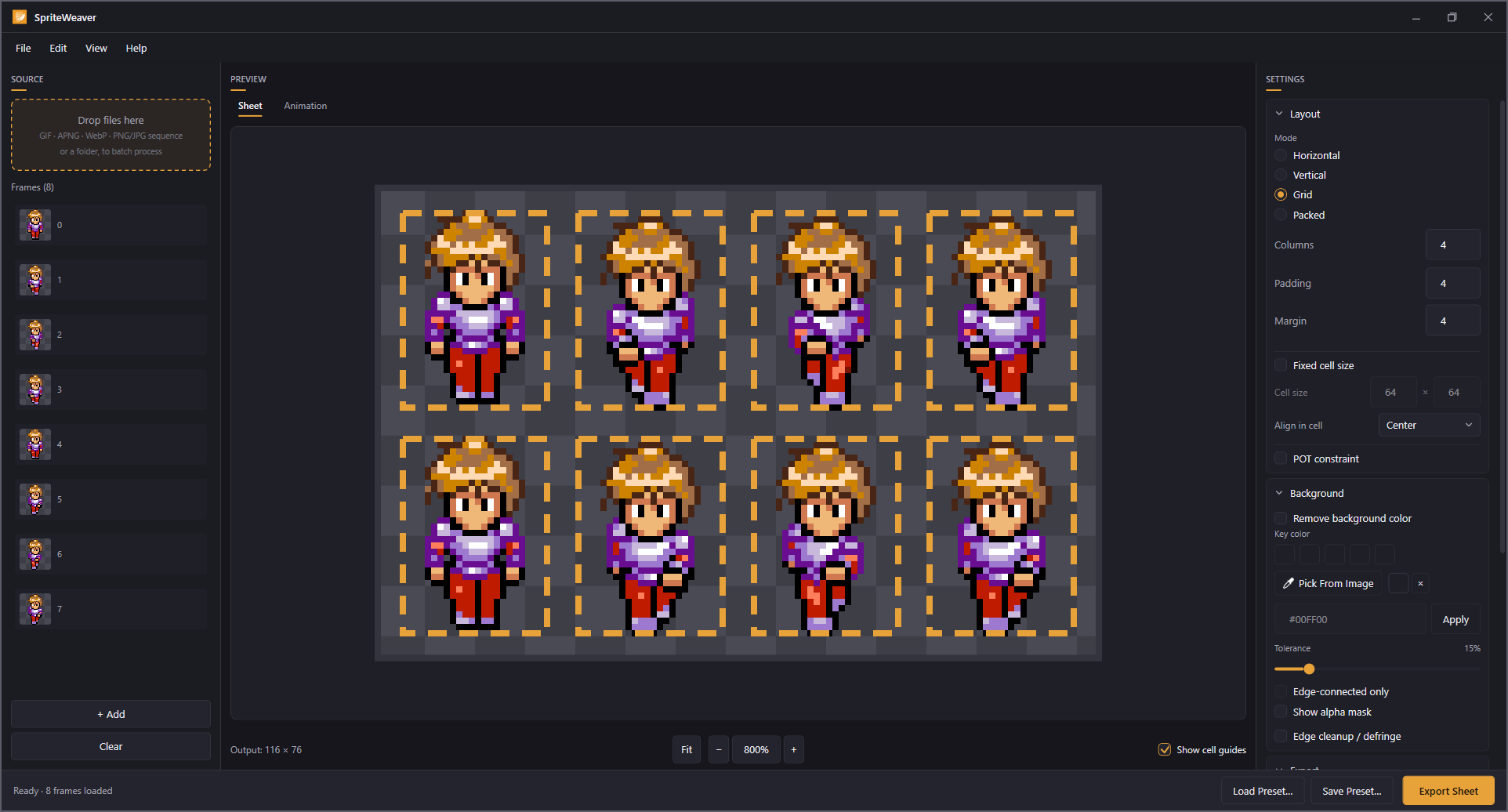 The SpriteWeaver main window with eight frames imported and laid out on a four column grid