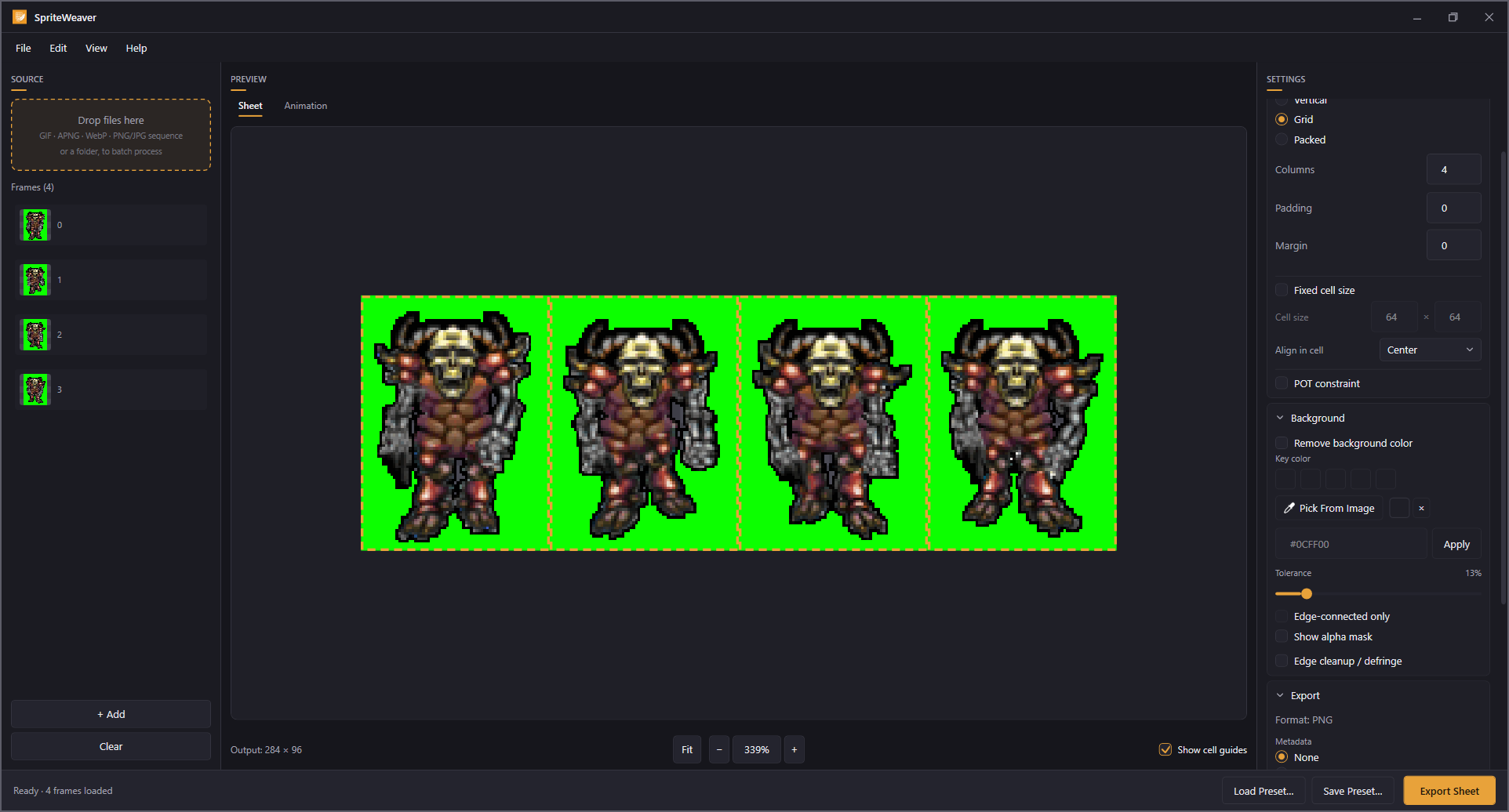 Four sprite frames on a solid green background before keying