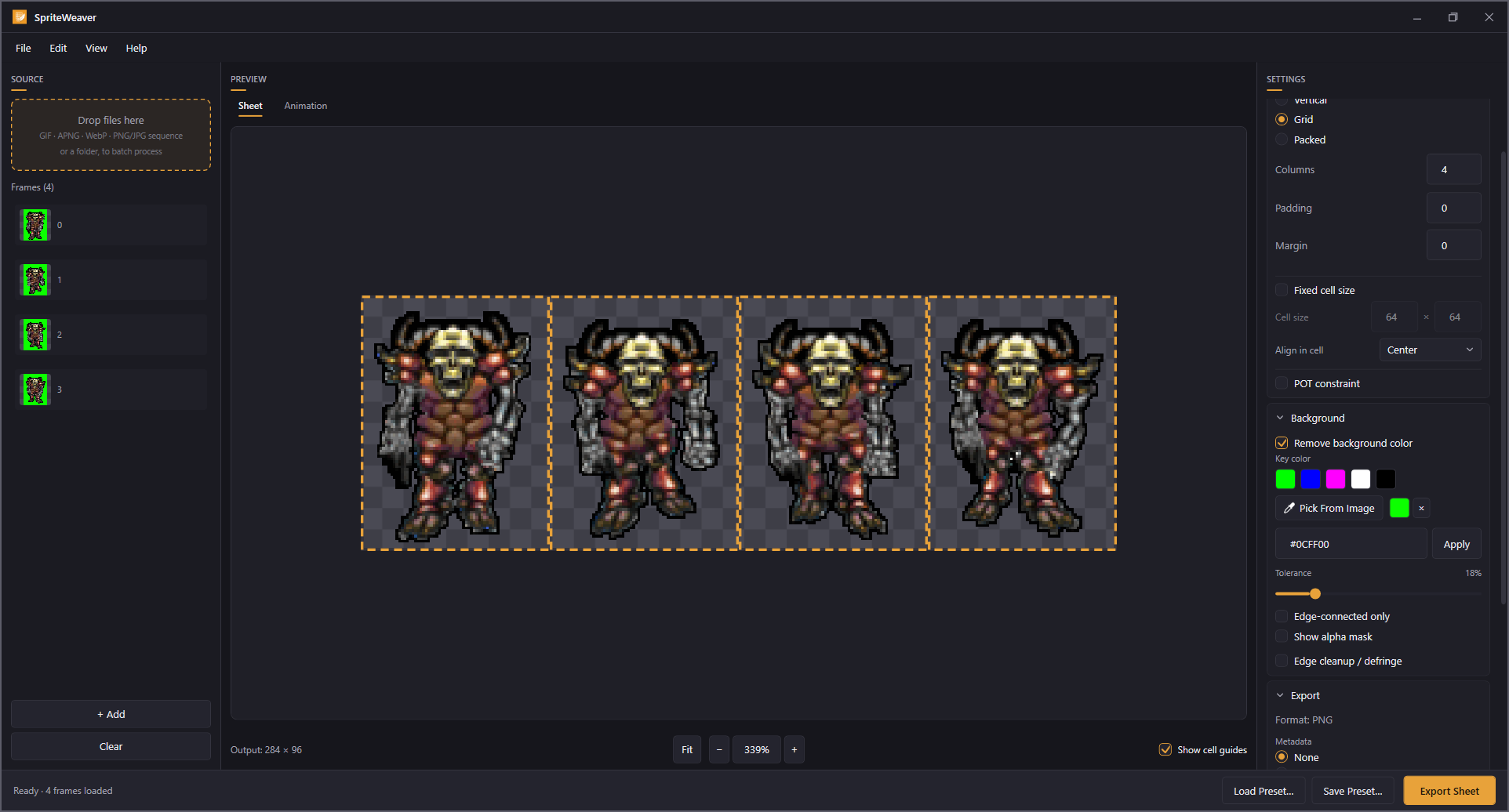 The same four frames with the green background keyed out to transparency