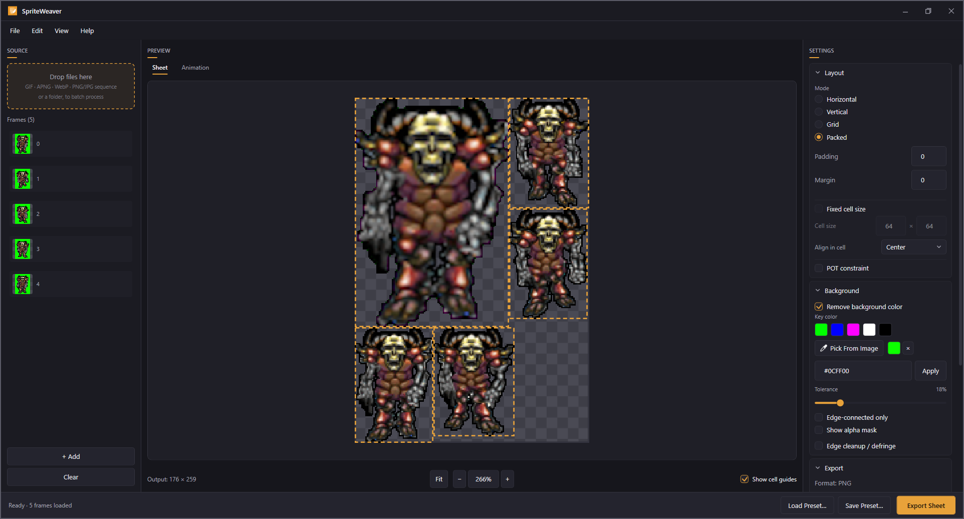 Five frames arranged by the packed atlas layout with trimming